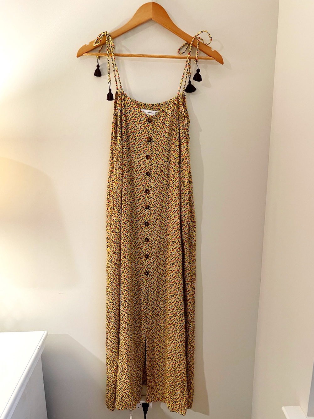 Faithfull the Brand Yellow Floral Tie-Strap Midi Dress with Tassels Boho